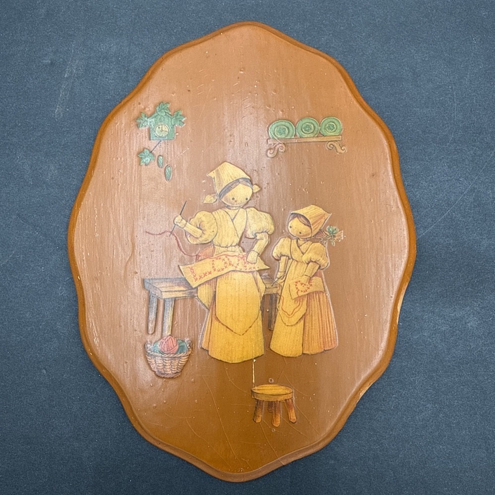 Vintage Folk Art Wooden Tray Scandinavian Dutch Girls‎ Sewing Lacquer Wall Decor